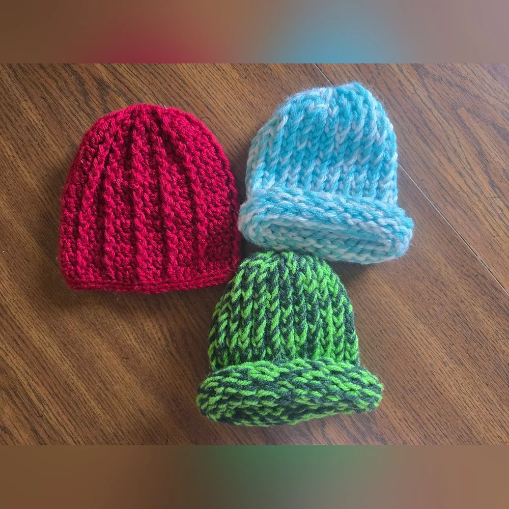 Handmade Cozy Knit Baby Beanies - Red, Blue, Green Bundle Set - Picture 1 of 4
